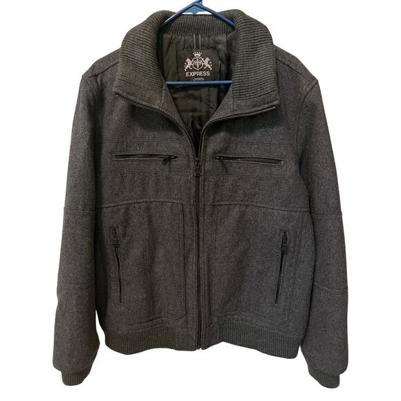 Express Men's Gray Wool Flannel Zip Up Bomber Jacket Coat Size XL EUC Winter - Picture 1 of 7